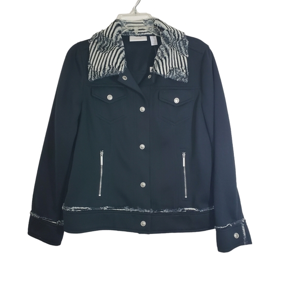 NWT Chico's Faux Fur Zebra Animal Jacket Black Boho Artsy Modern Safari Medium - Picture 1 of 10